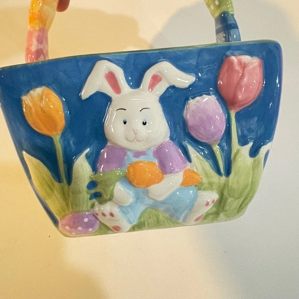 Ceramic Easter Bunny Basket Candy Dish Yellow Blue Tulip Relief 6.5